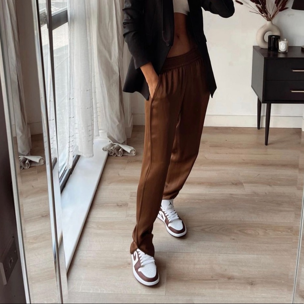 ZARA NWT SOLID BROWN CASUAL PANTS ELASTIC WAIST SIZE X-LARGE